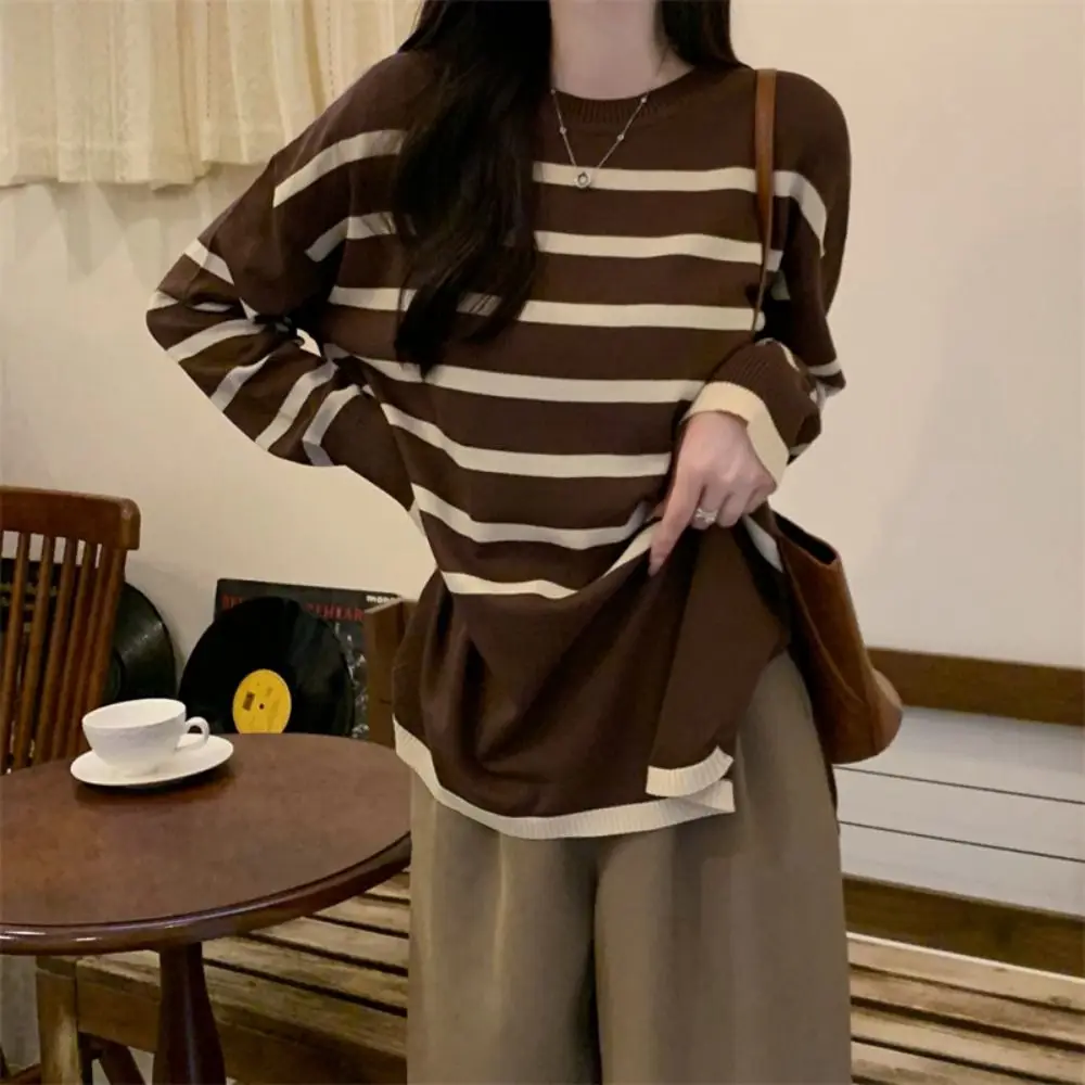 Camiseta informal de manga larga a rayas con cuello en V para mujer, Jersey de punto de retales Y2k ajustado, camiseta a rayas con solapa