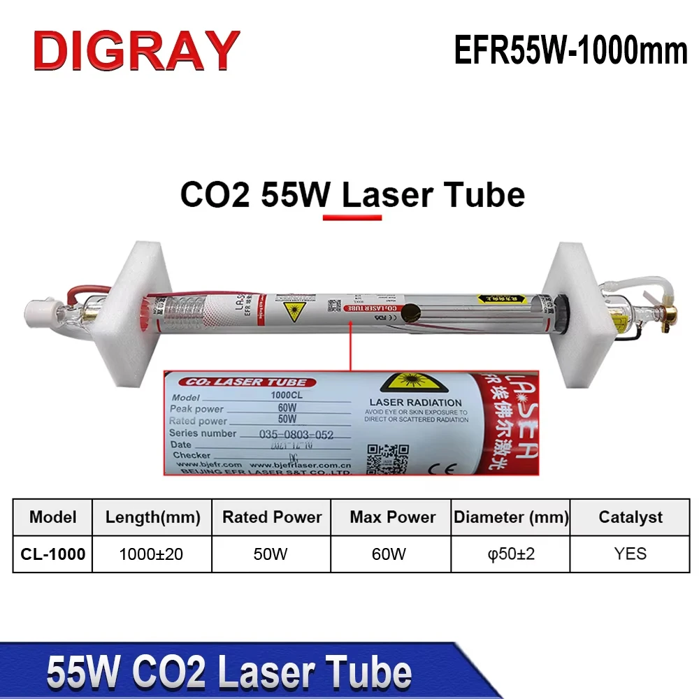 DIGRAY 55W CO2 Laser Tube EFR-1000CL 50mm Diameter 1000mm Length Laser Glass Lamp for CO2 Engraving Cutting Machine