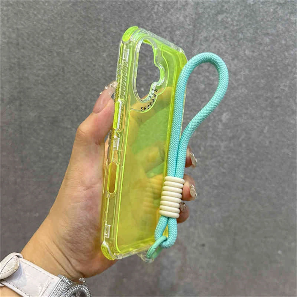 Shockproof Transparent Wristband Strap Lanyard Phone Case For iPhone 15 11 12 13 14 16 Pro Max Plus XS XR X Colorful Frame Cover