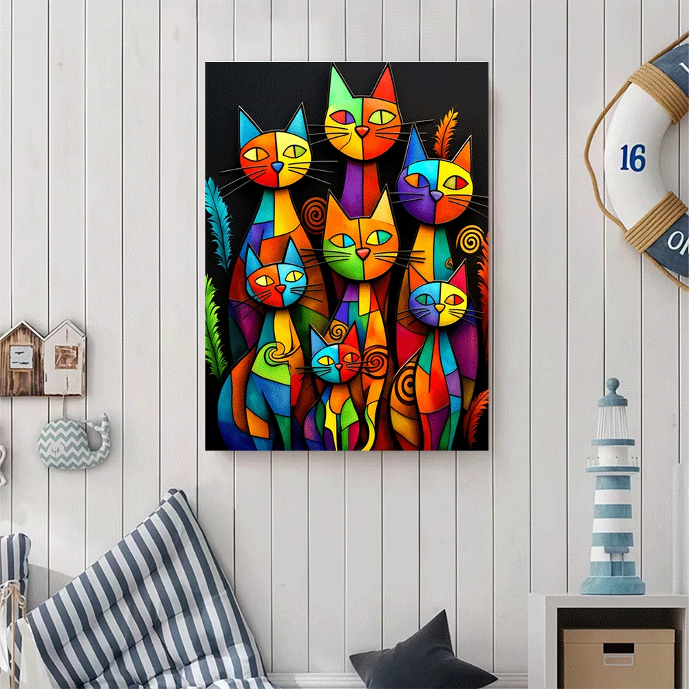 1PC-Unframed Canvas poster wall decoration Colorful Abstract Cats Vibrant Feline Pattern Stained Glass Style Wall Art Decor
