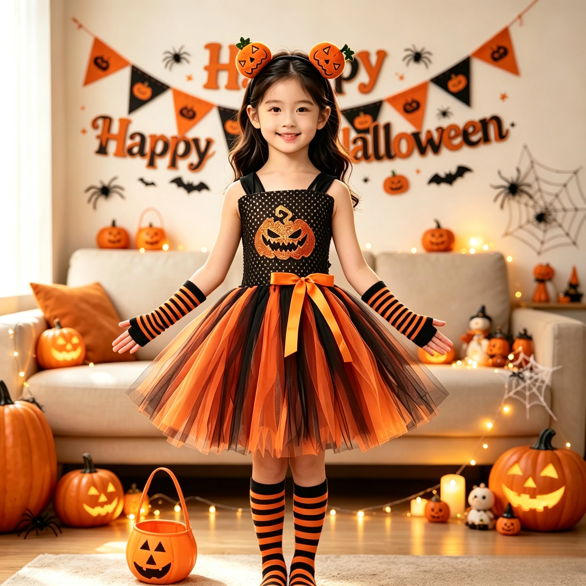 Pumpkin Motif Color Block Mesh Outfit Full Matching Accessory Pack for Halloween Banquet Carnival Talent Show Holiday Costume