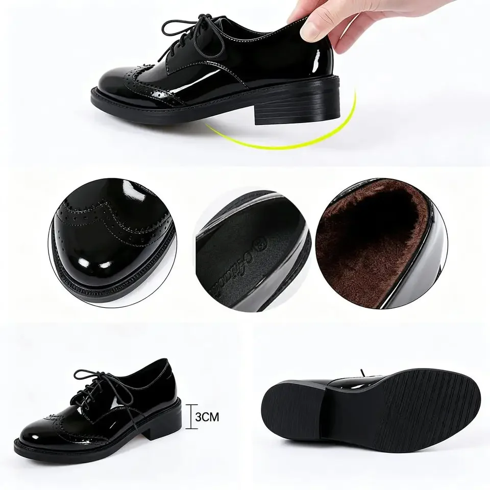 Damen Oxford Flats Brogue Leder Schwarze Büroschuhe Frühling Herbst Bequeme Außensohle Damen Ballett Derby Flats – Detail 5