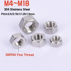 2~50pcs DIN934 Fine Thread Hex Hexagon Nut 304 A2 Stainless Steel M4 M5 M6 M8 M10 M12 M14 M16 M18 Pitch 0.5/0.75/1/1.25/1.5mm