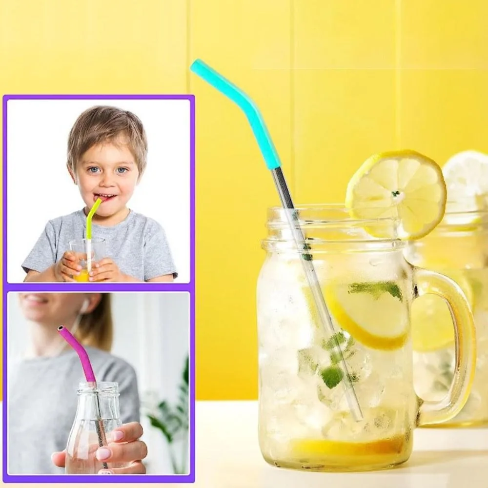 12pcs Household 8MM Metal Straws Tips Cover Curved Reusable Straw Topper Silicone Straw Cover Party
