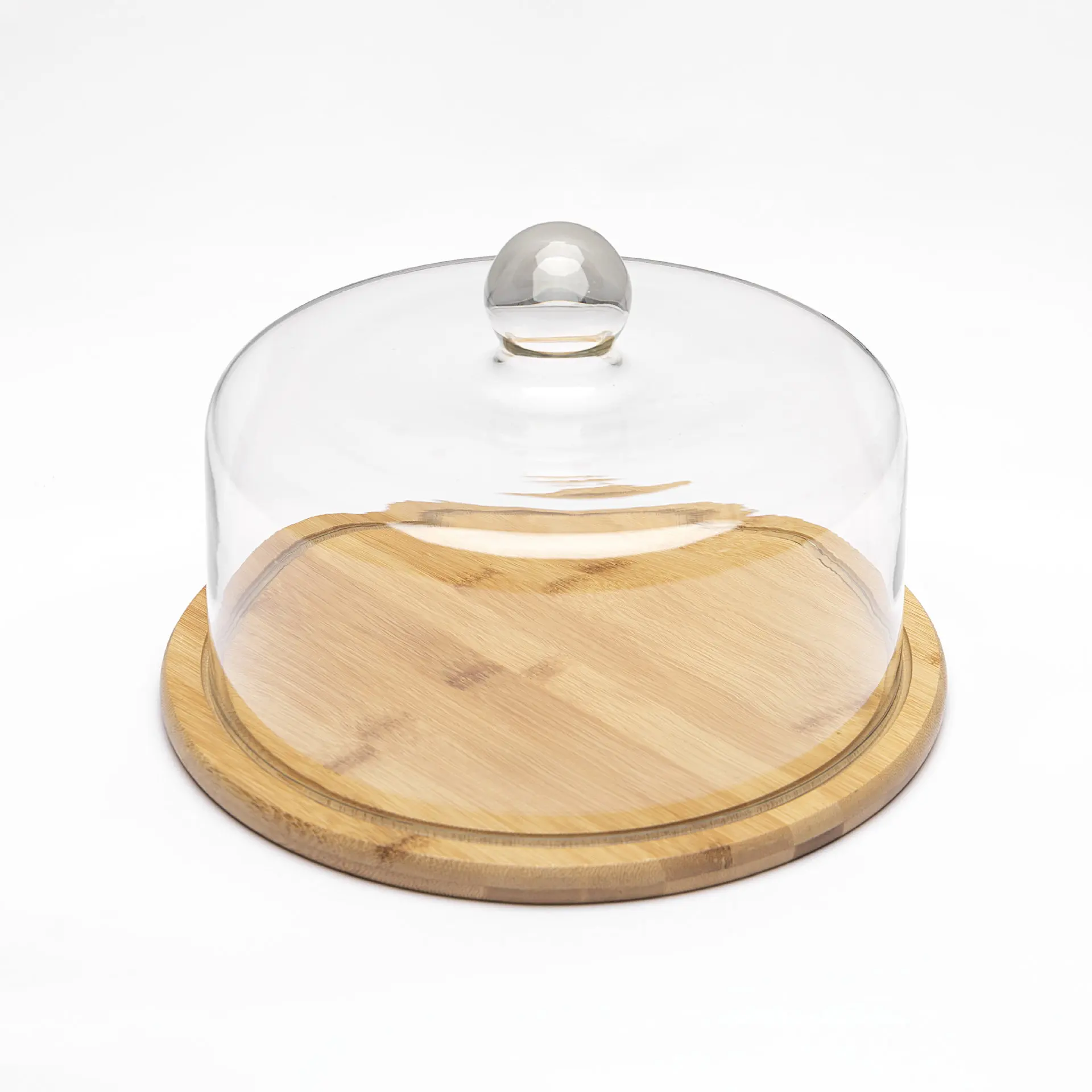 Lead free transparent cake glass cover food fresh cover cake plate dust proof display glass cover with bamboo and wood tray