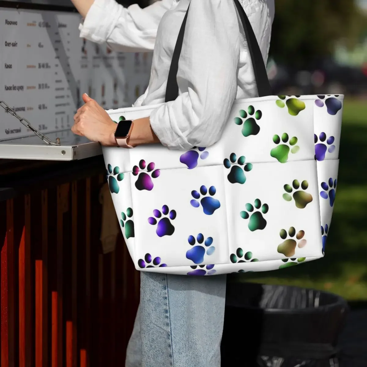 Animal Paw Prints Cats Dogs Rainbow Colors Beach Tote Bag Sport Gym Yoga Duffle Large Tote Bag Women Travel Bag Fitness bag
