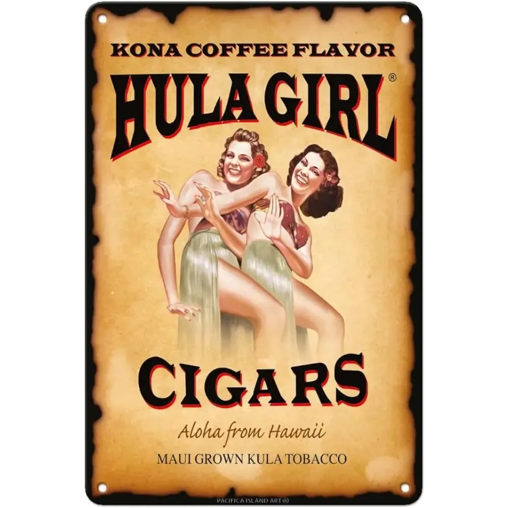2D Flat Aluminumt Hula Girl Vintage Wall Sign Aloha Hawaii Kona Coffee Cigar Label Art Decor for Pub Cafe Home