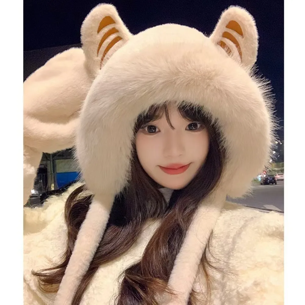 New Thickened Lacing Pompom Balls Cap Cute Tiger Ears Winter Warm Pullover Cap Windproof Head Wrap Cycling Skiing