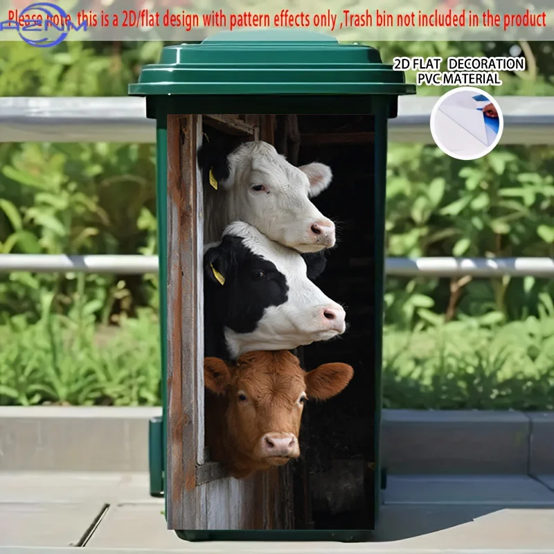 2D Flat Printing] 1pc 2D Pattern Printed Kitchen Trash Can Sticker XCm Three-Headed Cow Window View Theme Kitchen Home Decorat