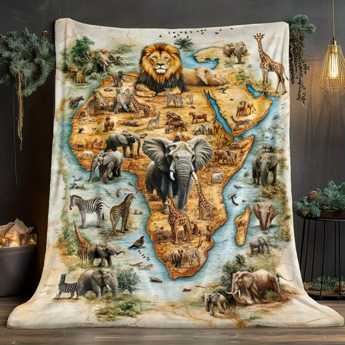 

African Wildlife Map-Themed Artistic Blanket - Lightweight Flannel Sofa Bed Throw with Digital Print of Lions, Elephants