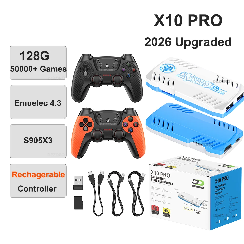 

Игровая консоль 2026 X10 Pro 128G со встроенными 50000 ретро-играми, 50 эмуляторами, перезаряжаемым геймпадом X10 Pro, игровой стик 4K