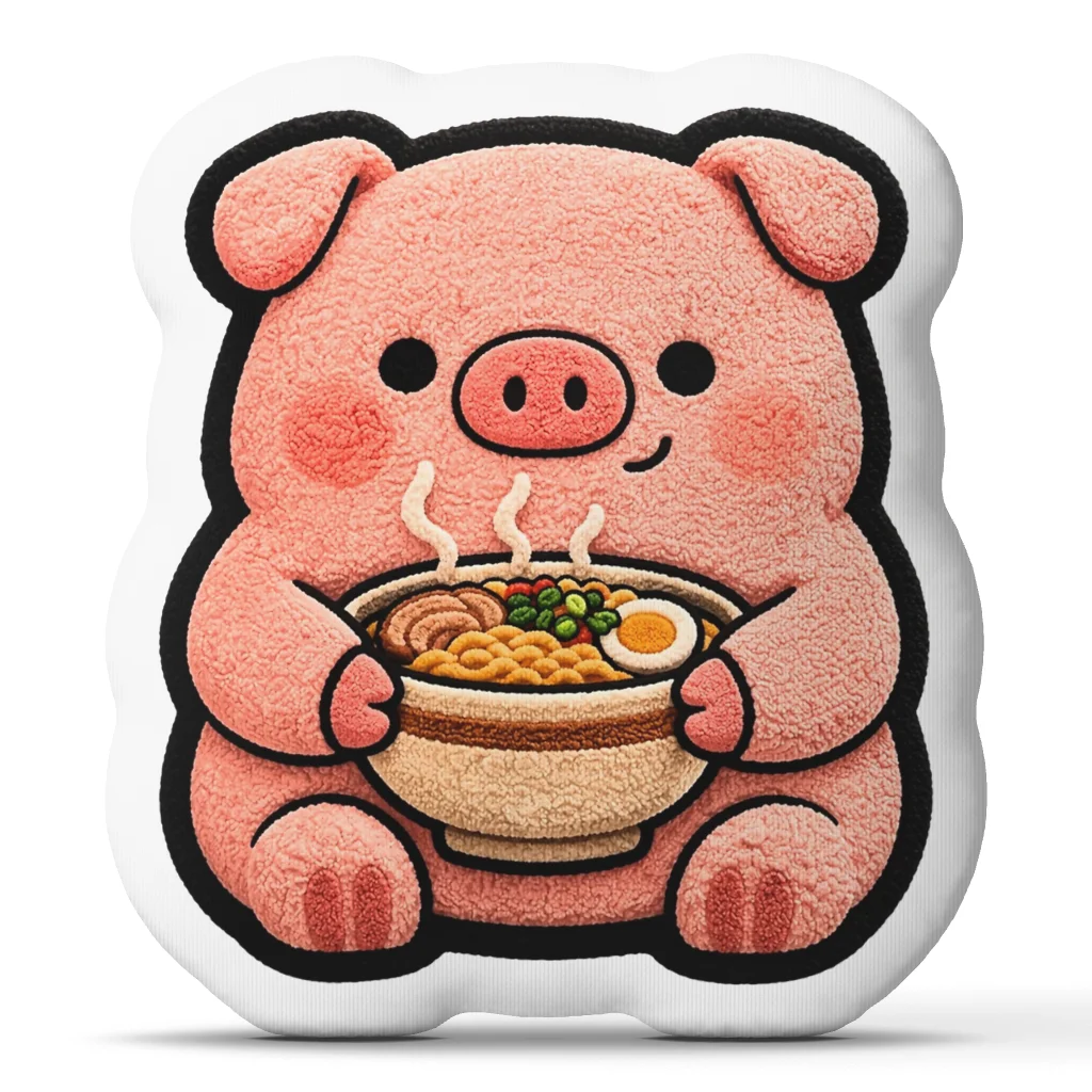 Cute Pig Eating Ramen Noodle Bowl Irregular Stuffed Throw Pillow Kawaii Animal Cushion Asian Food Kitchen Sofa Decor Gift