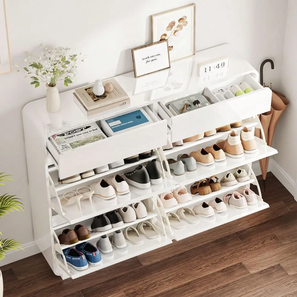 2 4 Drawer Narrow Shoe Cabinet With FlipDown Fronts, Top Storage Drawer Adjustable Shelves High Gloss Entryway Organizer For Ha