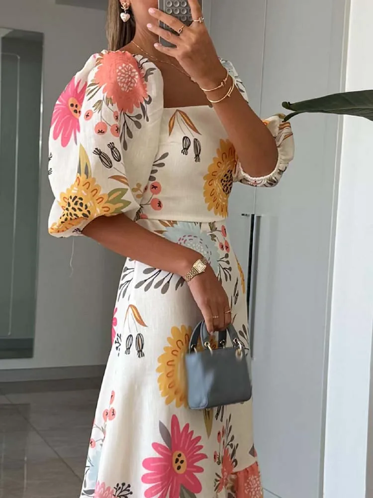 Woman Elegant Square Neck Puff Sleeve Dresses Casual Floral Print Pleated A-Line Long Dress Boho Spliced Backless Vacation Dress