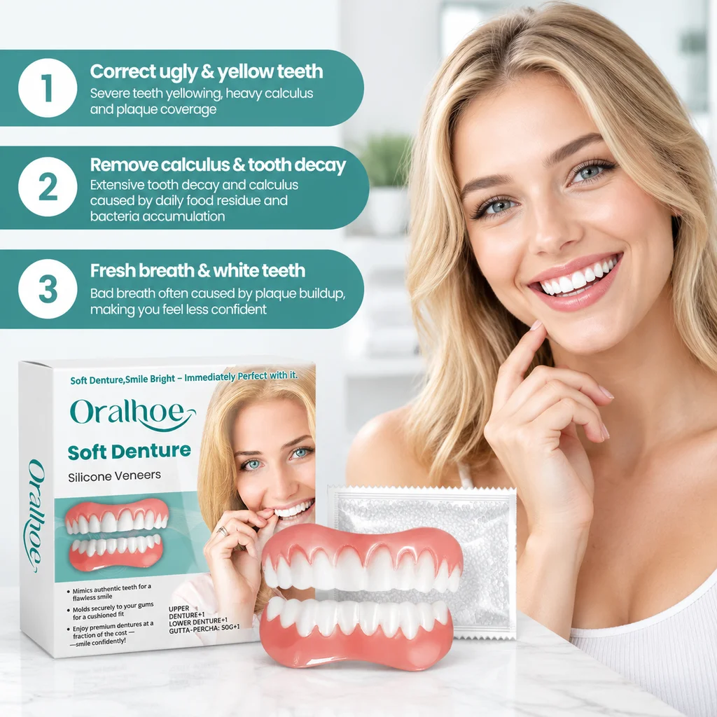 Silicone Soft Dentures Full Set Temporary Tooth Upper Lower Dental Filling Missing Broken Teeth Temporary False Tooth Smile Tool