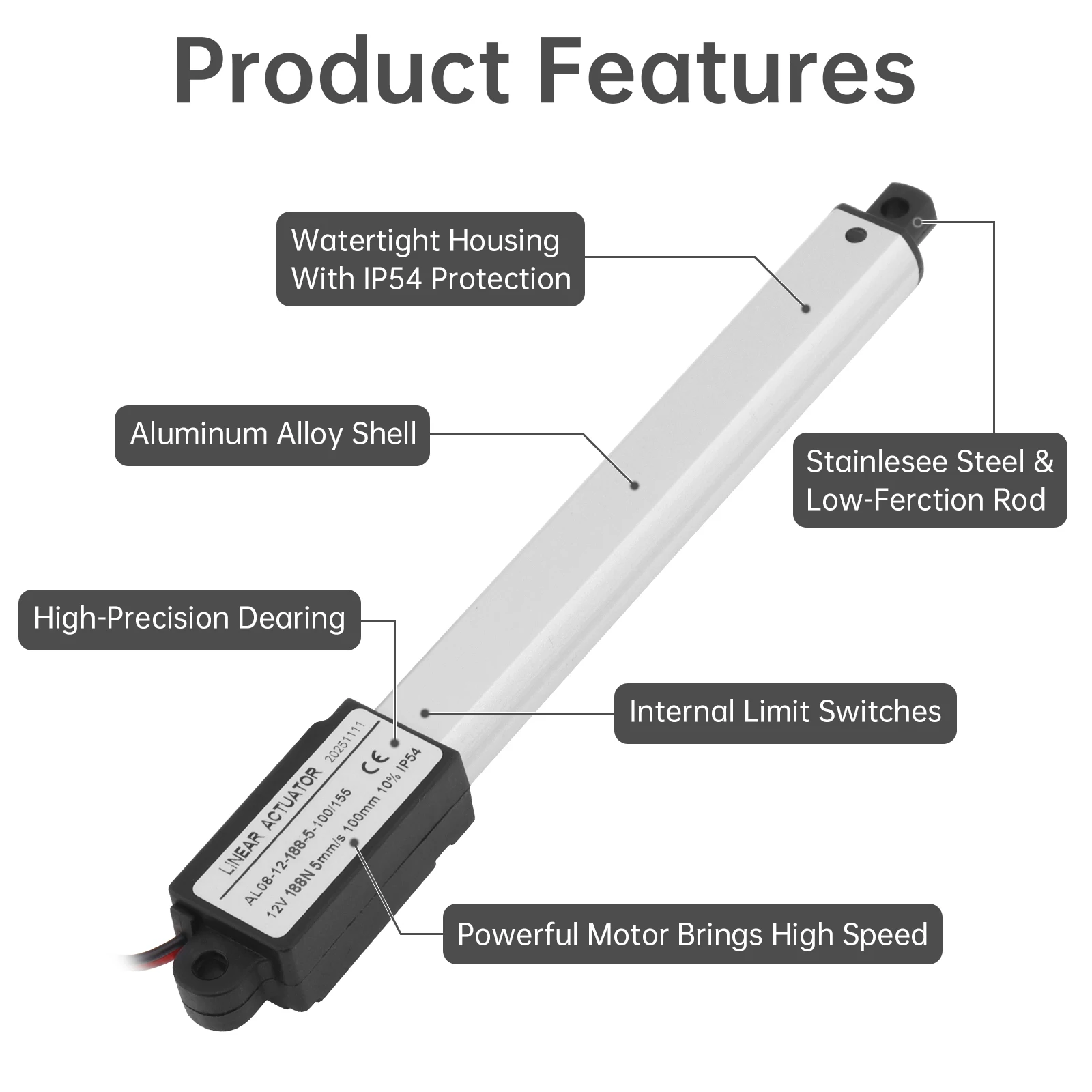 10-200mm Stroke Mini Electric Linear Actuator 12V 5mm/s 188N/42.26lbs Reciprocating Linear Motion Actuator with Mounting Bracket