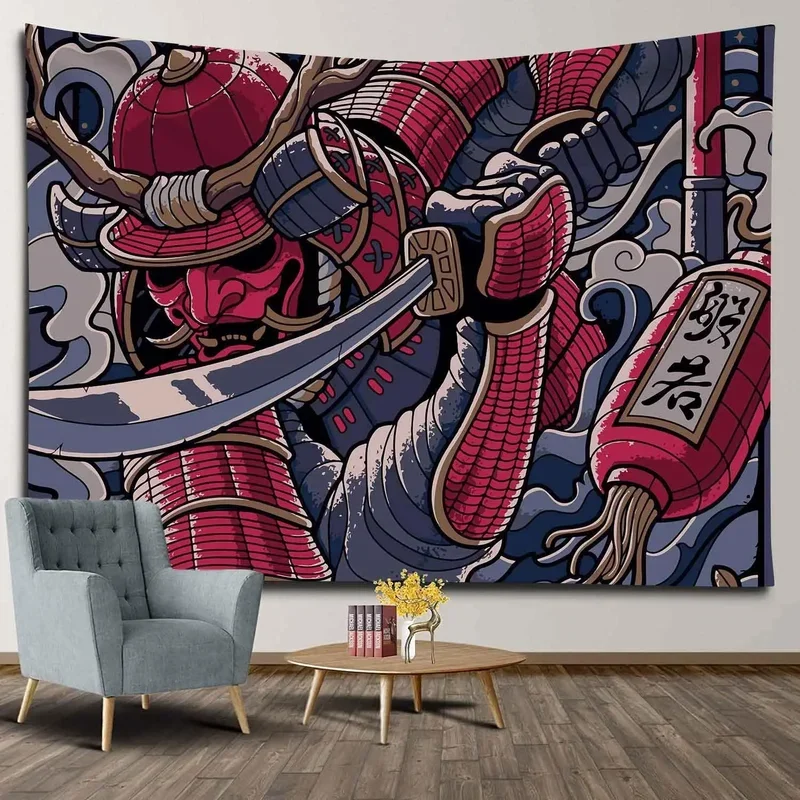 Japanese Anime Samurai Tapestry, Black and Red Vintage Asian Japan Tapestries Cool Art Tapestry Wall Hanging for Men