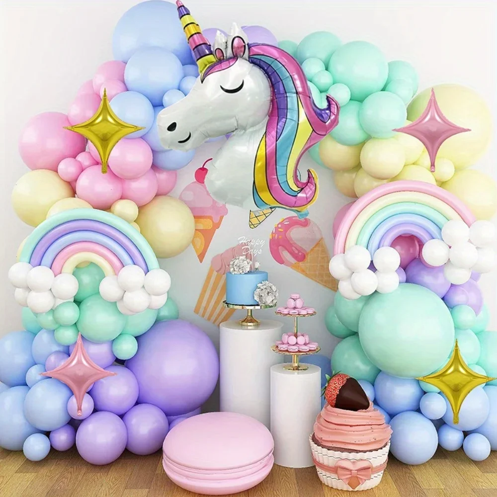 

141/131PCS Rainbow Unicorn Balloon Wreath Set with Colorful Candy Macaron Balloons for Wedding, Birthday, and Party Decoration