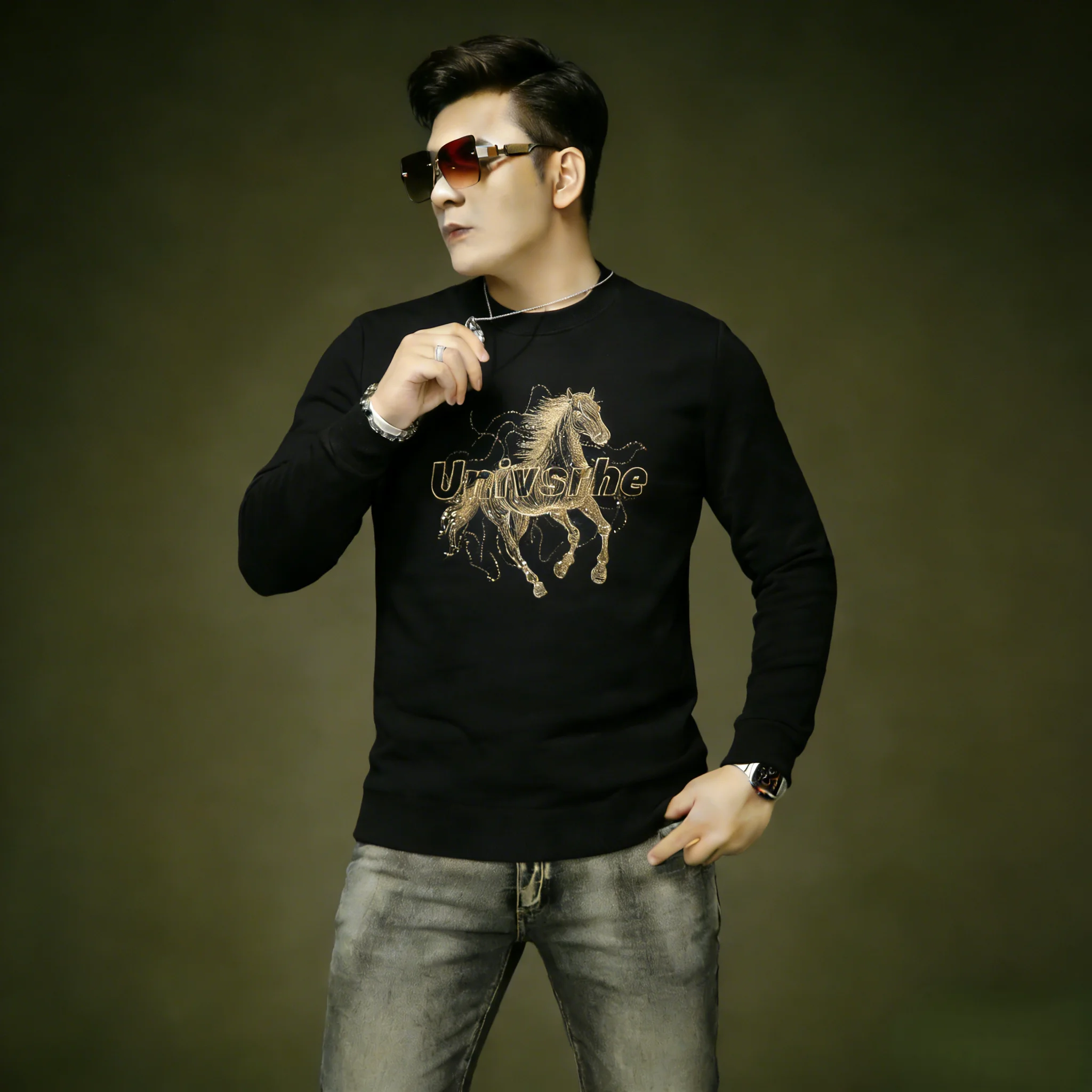 

Мужской свитшот с длинным рукавом и круглым вырезом, с вышивкой, приталенный, люксовый бренд, черный топ для стильных людей, Sli And Han...