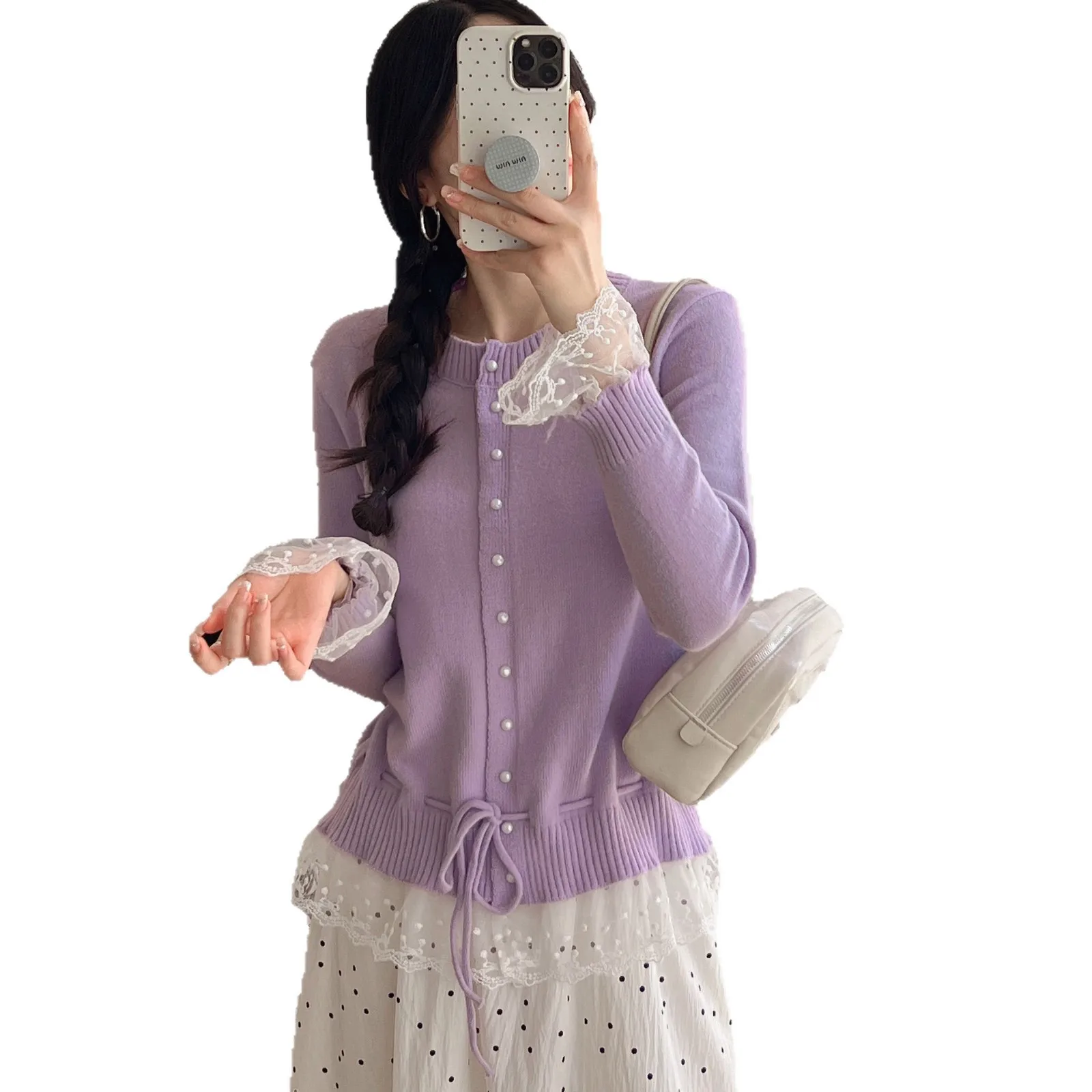 Koronkowy sweter patchworkowy dla kobiet Jesienno-zimowa nowa kolekcja Top z dzianiny z wąską talią