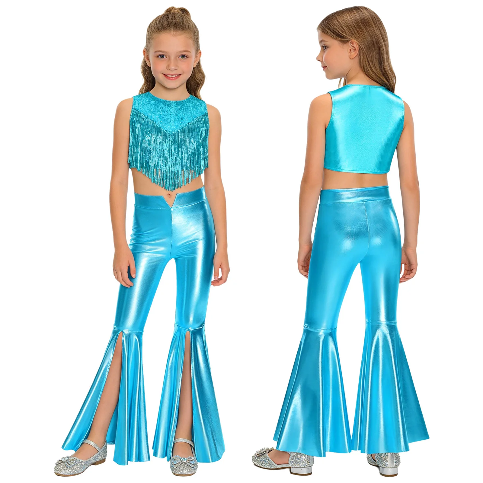 Kinderen jaren '70 Disco Dance Set 2-delig Metallic Glans Glanzende Pailletten Top met Metallic Broek Meisjes Cheerleading Competitiekostuum