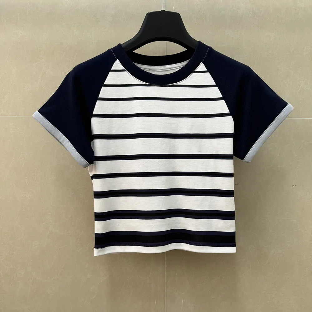 

High-quality 2026 women's round-neck short-sleeved top, with black and white stripes design, casual and fashionable xy26423117