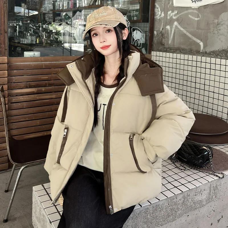 Korean Contrast Color Patchwork Winter Hooded Jacket Women Fashion All-Match Puffy Short Parkas Windproof Warm Cotton Coat Mujer