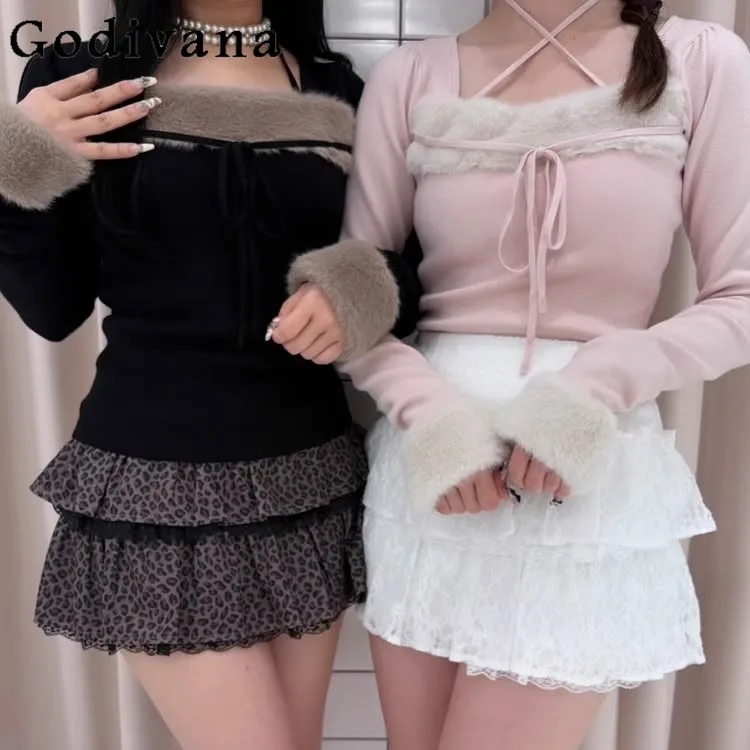 

2025 Japanese Style Sweet Off-Shoulder Plush Knit Long Sleeve Tops T-Shirts Spring and Autumn Girls Women Slim Fit Halter Top