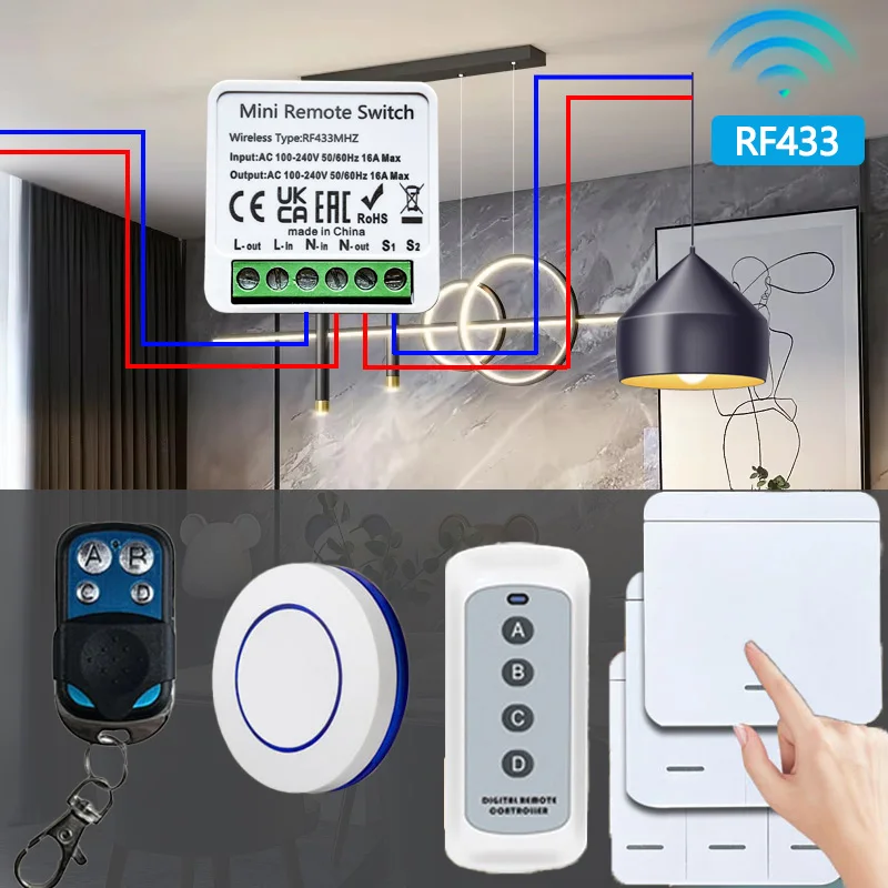 RF 433MHZ Smart Universal Wireless Switch 16A Relay Breaker 2-Way Control Mini Remote Controls AC100-240V DIY Smart Home Devices