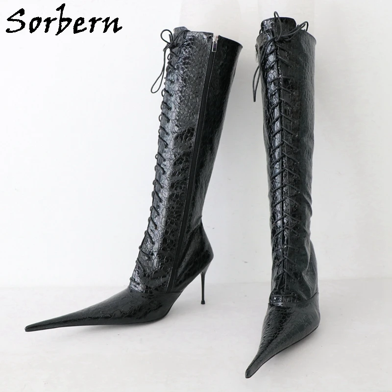 Sorbern 10Cm Cigarette Metal Heel Knee High Boots Women Pointy Toes Stilettos Lace Up Itay Style Plus Size Boot Custom Wide Fit