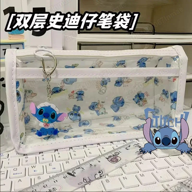 Disney Stitch Transparent Pencil Case Anime Lilo and Stitch Multi-layer Vertical Large-capacity Stationery Storage Bag Kids Gift