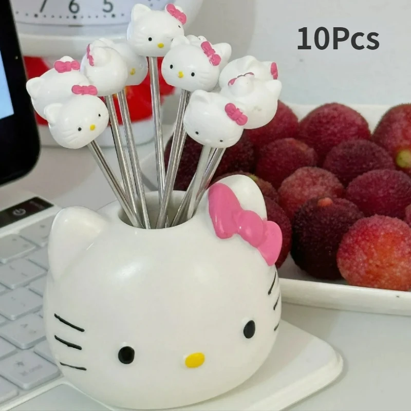 5Pcs/10Pcs Sanrio Hello Kitty Creative Home Stainless Steel Fruit Fork Cute Fruit Sticker with Storage Bucket