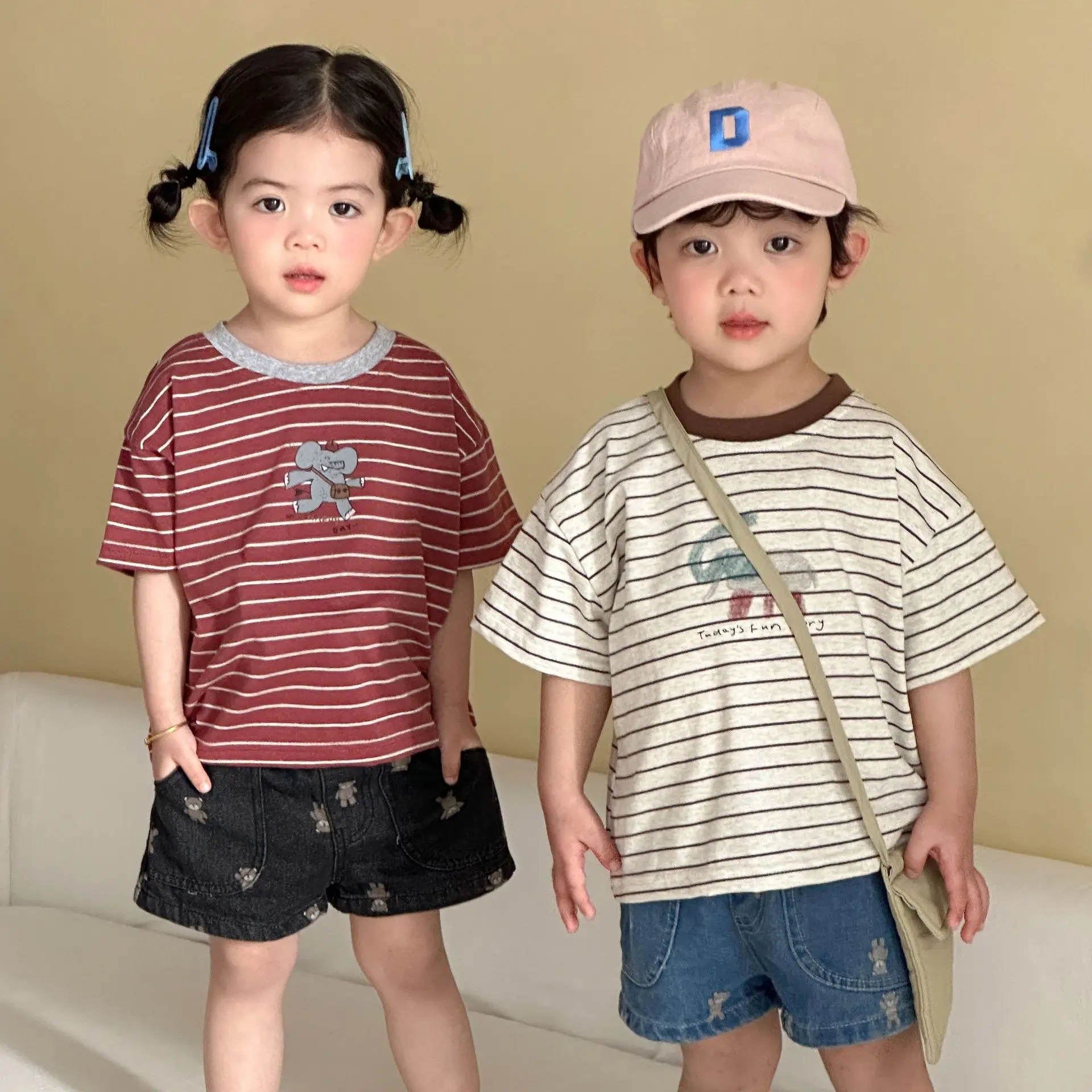 2026 Summer New Children Casual Striped T Shirts Boys Girls Fashion Elephant Print Tops Baby Cotton O-neck Tees Kids Clothes
