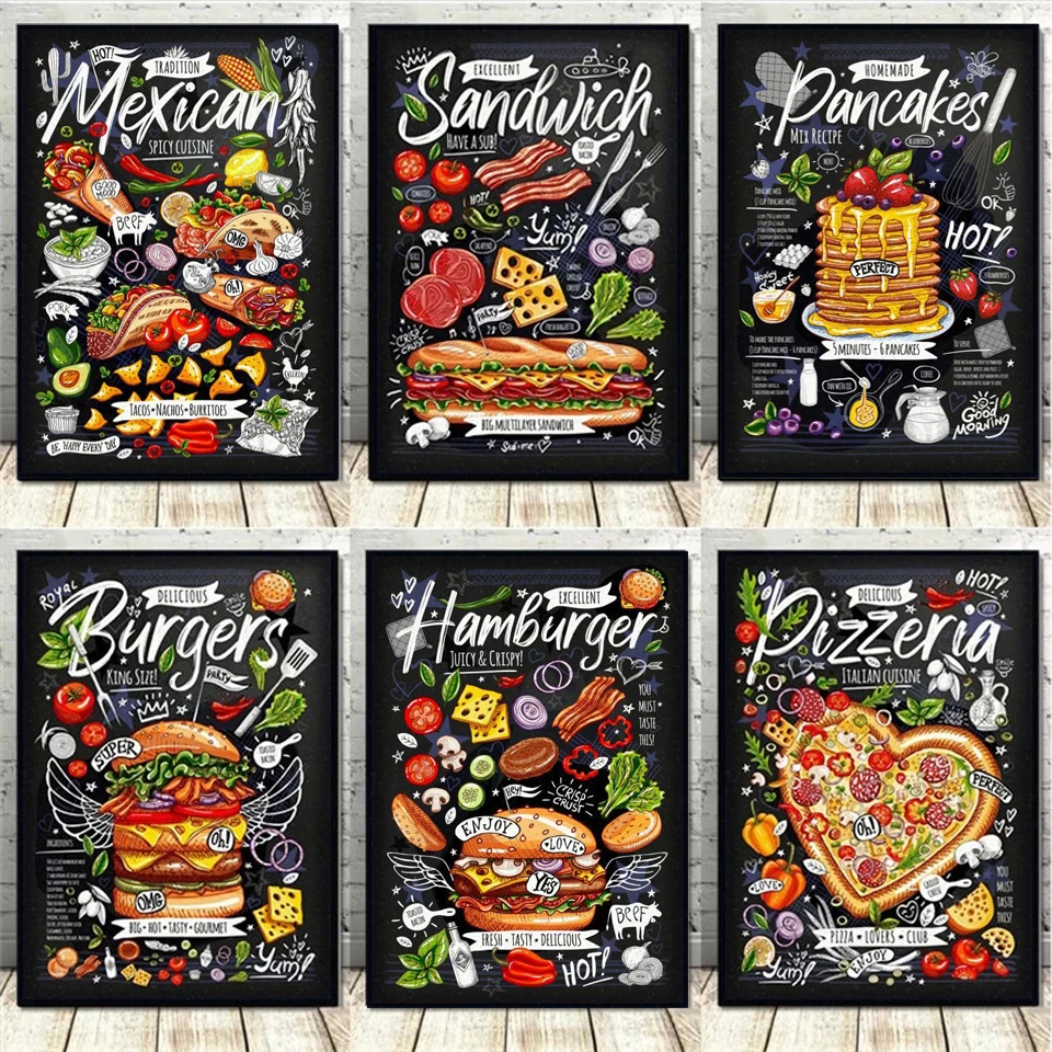 5D Diamond Painting Food Posters Fries Burger Pizza Sandwich Kitchen Decor Full Diamond Embroidery Cross Stitch Diamond Mosaic