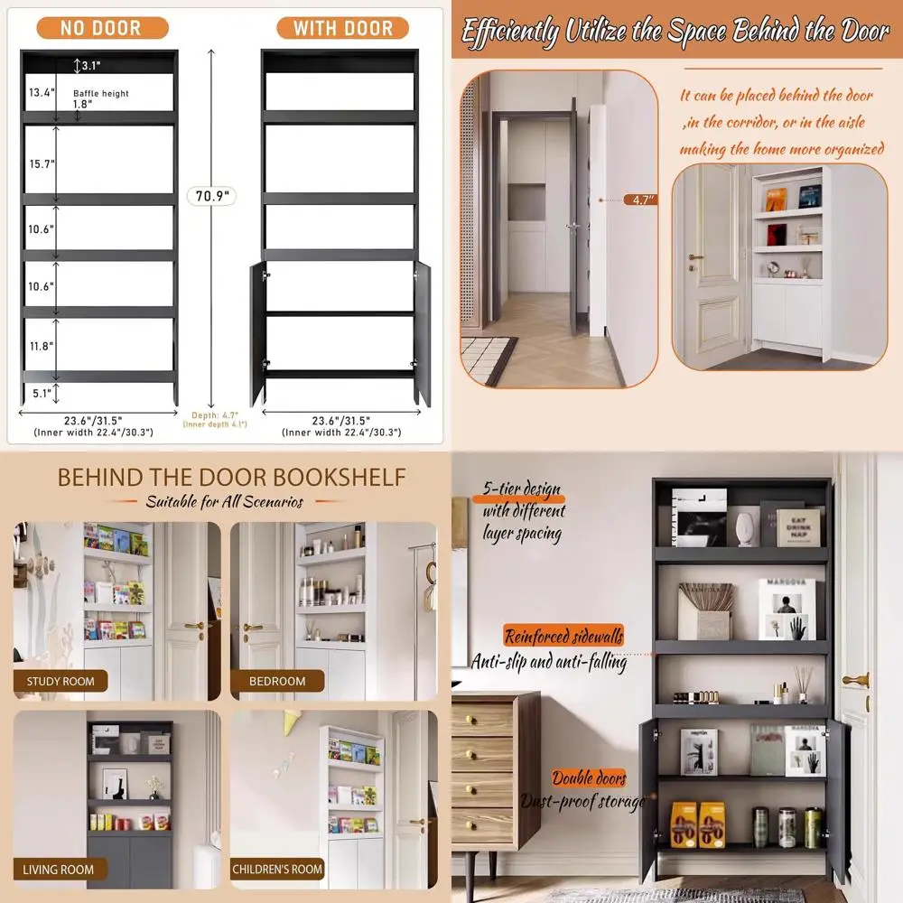 Space-Saving Door-Mounted 5-Shelf Bookshelf for Living Room, Bedroom, or Kids' Room with Concealed Storage
