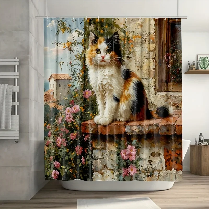 

~O~Cute Calico Cat Shower Curtain - White & Black Fur, Floral & Brick Design, 71x71 Inch Polyester, Hand Wash, Summer Home Decor