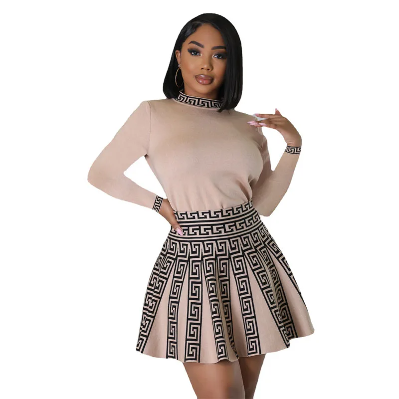 Women\'s Knitted Stretch Tennis Sports Round Neck Long Sleeve Pleated Skirts Running Workout Clothes Activewear Outfits