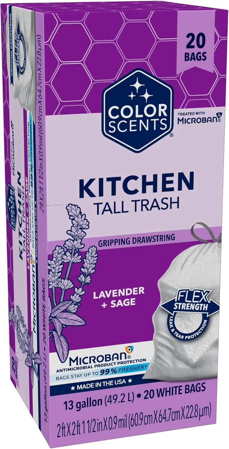 

13 Gallon Lavender Sage Scented Trash Bags with Drawstring - 20 Count Pack, White Kitchen Garbage Bags with Odor Control