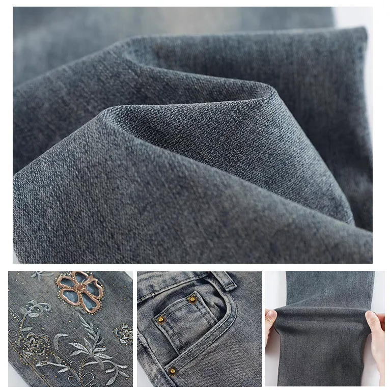 Y2K Denim Jeans Korean Style Women's Pants Straight Leg Elastic Eight Points Brick Pattern Slimming High Waist Hollow Embroidery