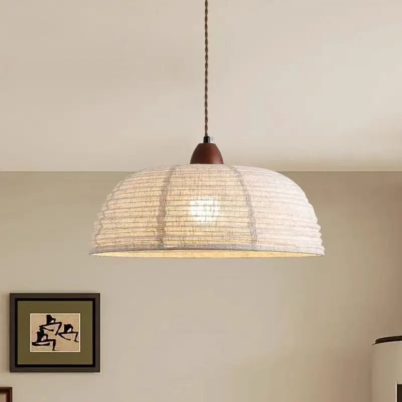Wabi Sabi Japanese Fabric Pendant Lamp Walnut Wood Handmade Textured Linen Dome Pendant Light for Dining Room Kitchen Island Tea