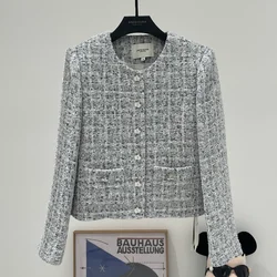 Girocollo francese di alta qualità piccola fragranza giacca da donna di seta brillante sottile elegante semplice moda Chic Tweed grigio cappotto da donna