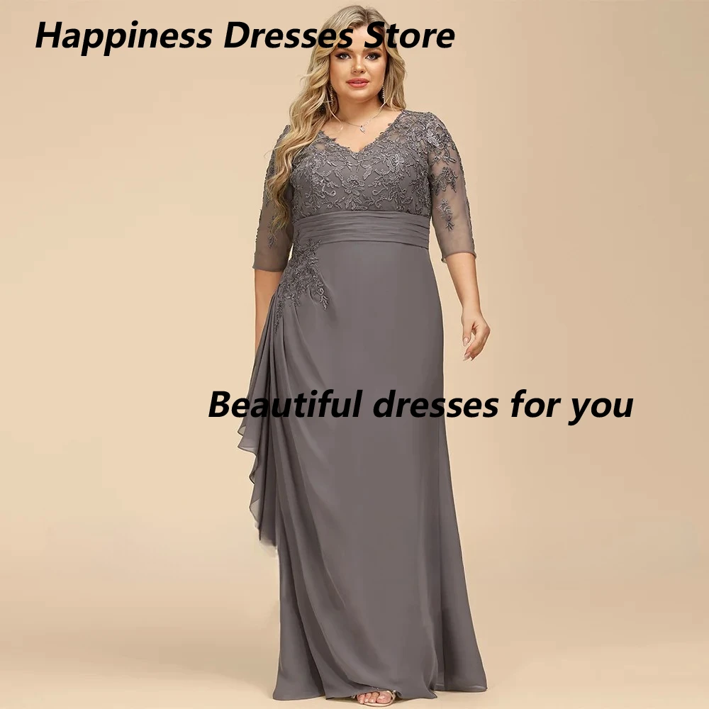 Abito grigio per la madre della sposa con scollo a V maniche a 3/4 con applicazioni di perline in chiffon A Line Abito da cerimonia per invitati Abiti da sera personalizzati