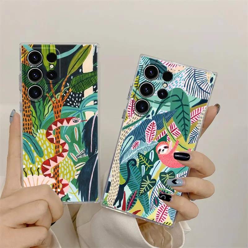 Tropical Jungle Print Leopard Sloth Rainforest Cat Phone Case For Samsung Galaxy S24 S23 Ultra S22 S20 Plus S21 FE Clear Fundas