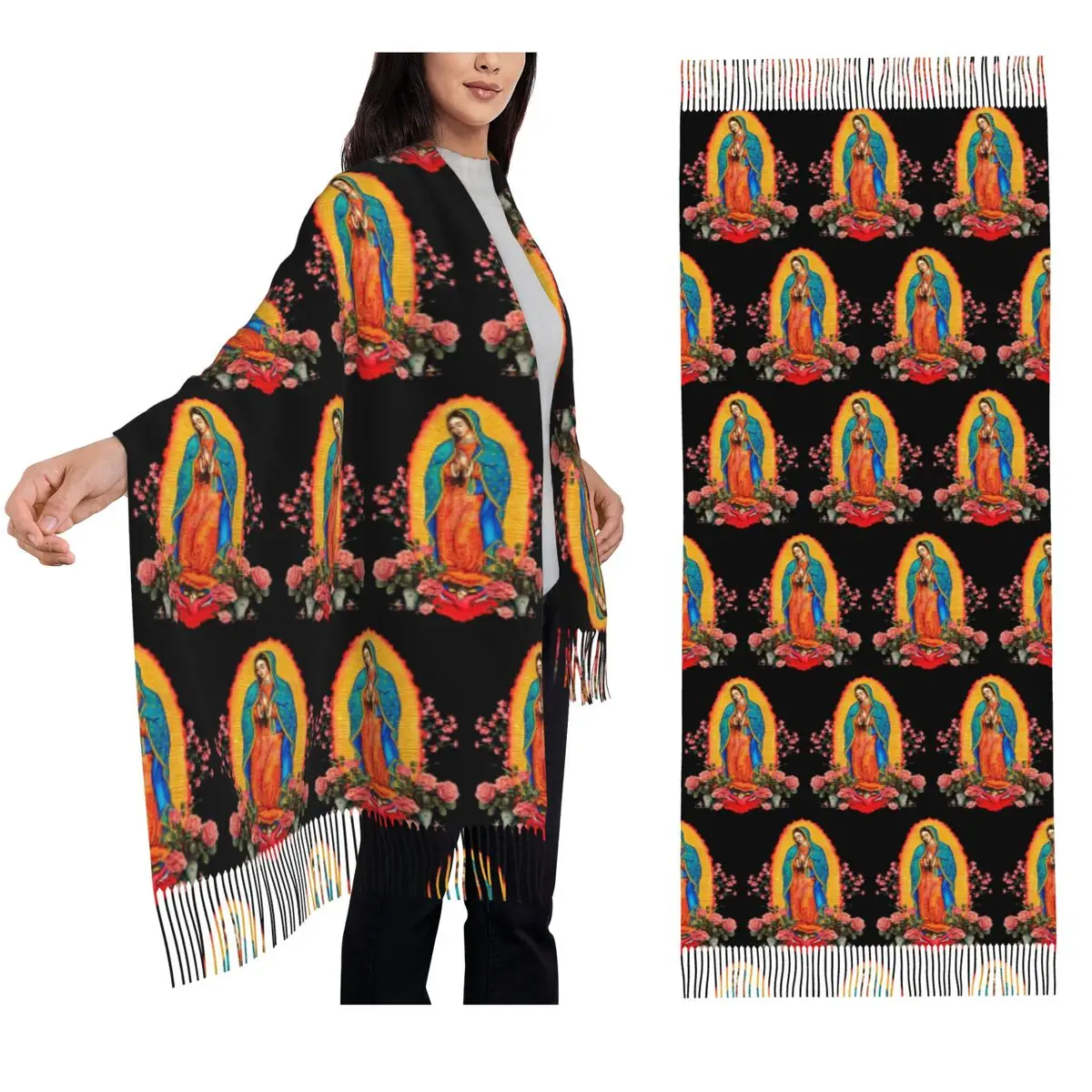 

Шарф Virgin Of Guadalupe, шарфы с кисточками, женские мягкие теплые шали и накидки, большая осенне-зимняя шаль