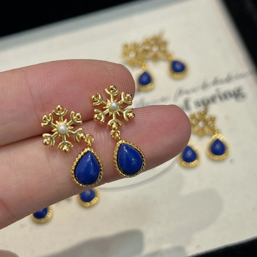 

Lapis lazuli snowflake earings stud retro and court style water droplet high-end Inlaid pearl earrings for women banquet jewelry