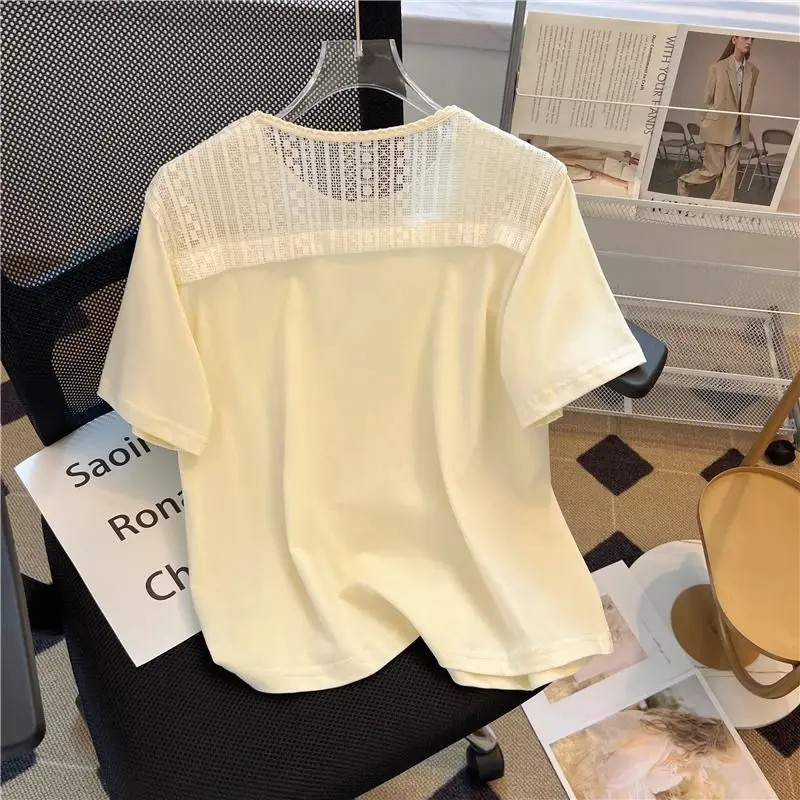 EBAIHUI Fake Two Piece Design Women T-shirt Summer Fashion Lace Patchwork Ladies Short Sleeve Tee Round Neck Chic Versatile Top