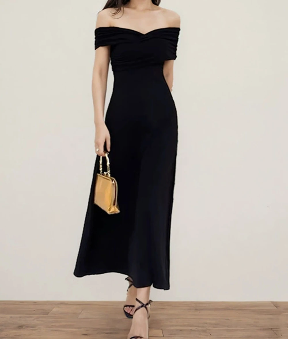 

French style niche long date birthday dress high-end summer slim black one-shoulder dress-GZXX223