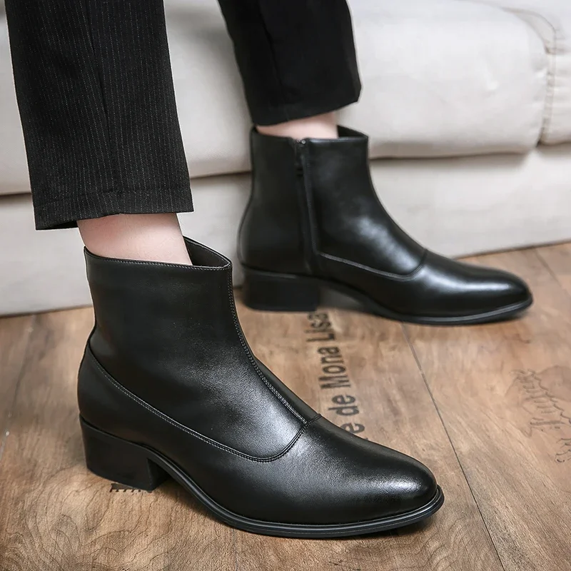 Fashion Trends Pointed Men Leather Shoes Black Chelsea Men Boots Casual Zipper Solid Retro Party Weddidng High Heels Men Boots