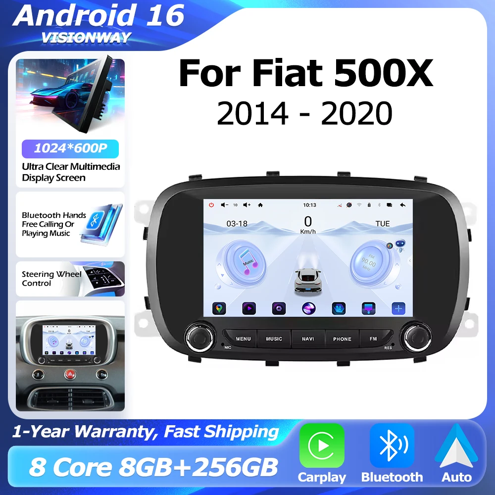 Android Auto 7 inch For Fiat 500X 2014-2020 Car Radio GPS Navigation Wireless CarPlay Lntelligent Multimedia Player Touch Screen