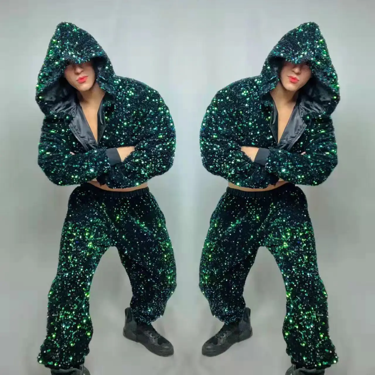 Men Dancer Team Jazz Hip Hop Dance Costume Green Red Sequins Hooded Jacket Pants 2 Piece Nightclub Bar Stage Performance Clothes